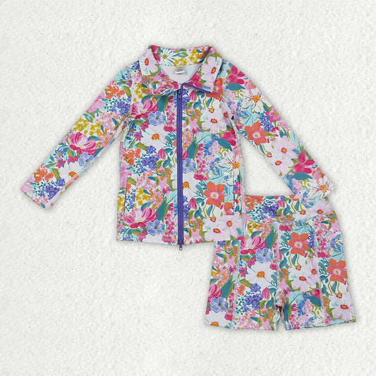 GLS0012 yoga colorful flowers purple zipper long sleeve shorts girls set