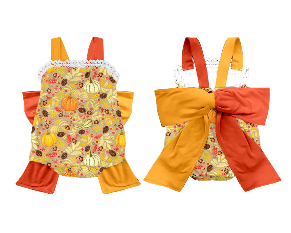 custom style Autumn pumpkin flowers with bow romper