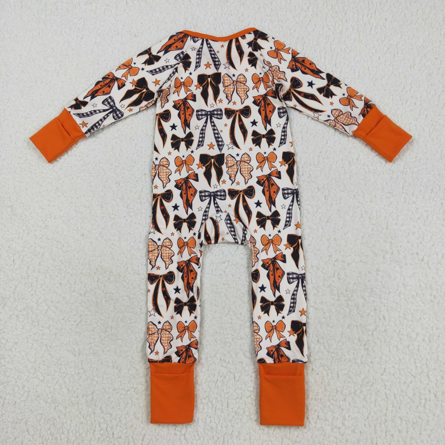 LR2409 Halloween black orange bows long sleeve zipper girls romper