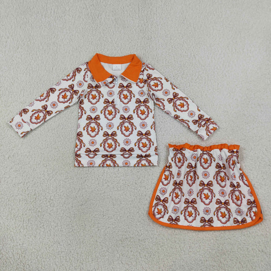 GLD1602 Autumn Bows Flowers Orange Zipper Long Sleeve Skorts Girls Set