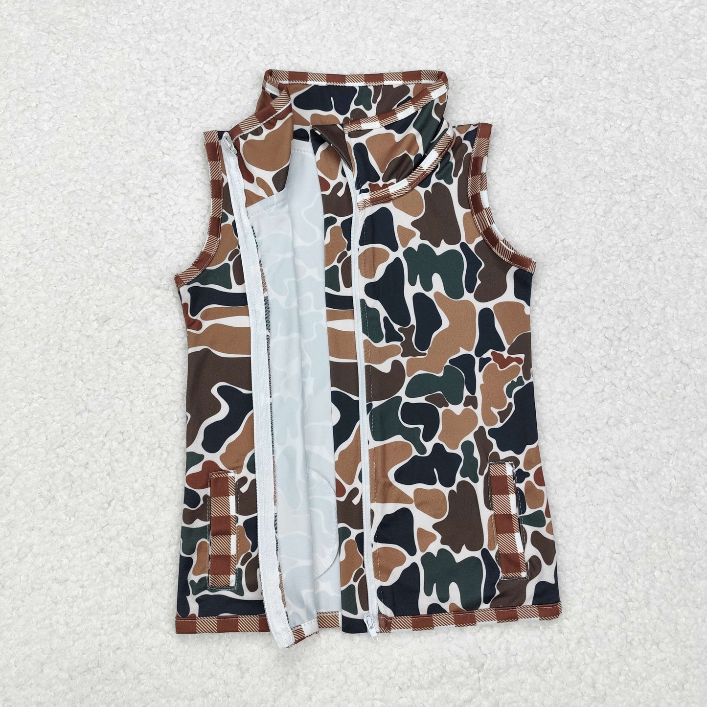 BT0856 brown camo sleeveless kids zipper coat