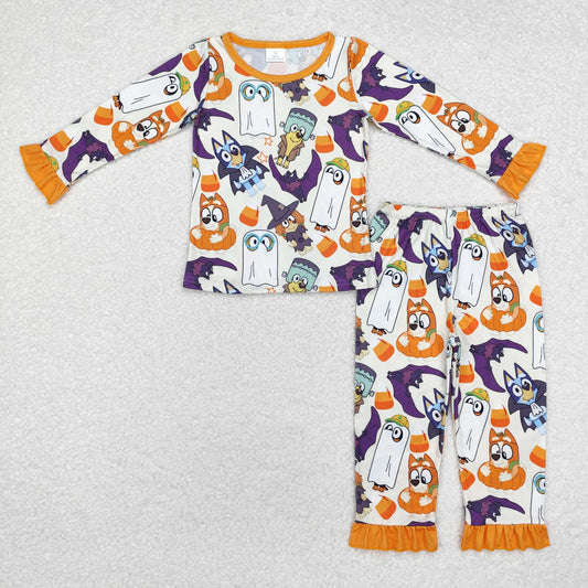 GLP1757 Halloween bat blue dog orange long sleeve pants girls pajamas