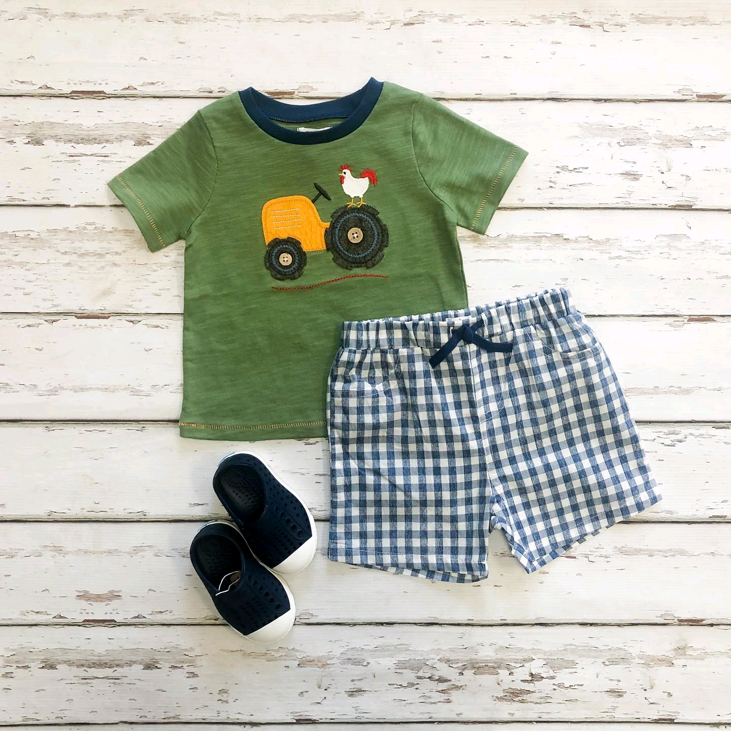 preorder BSSO1051 Farm chick tractor green short sleeve checkered shorts boys set