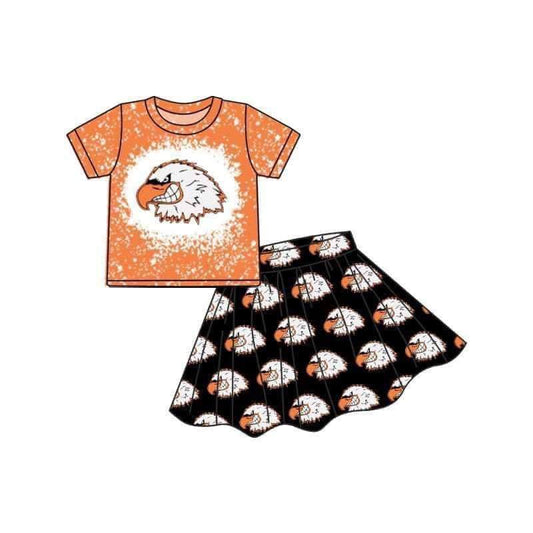 custom football team eagle orange short sleeve black skirt girls 2pcs set