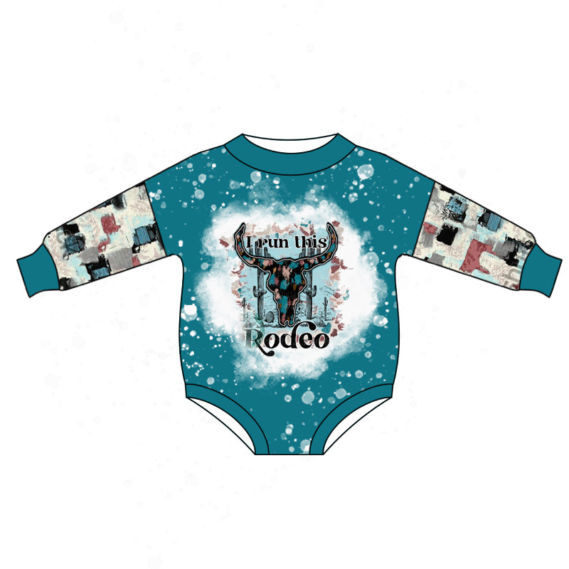 preorder LR0869 Western Cow I Run This Rodeo Blue Long Sleeve Kids Romper