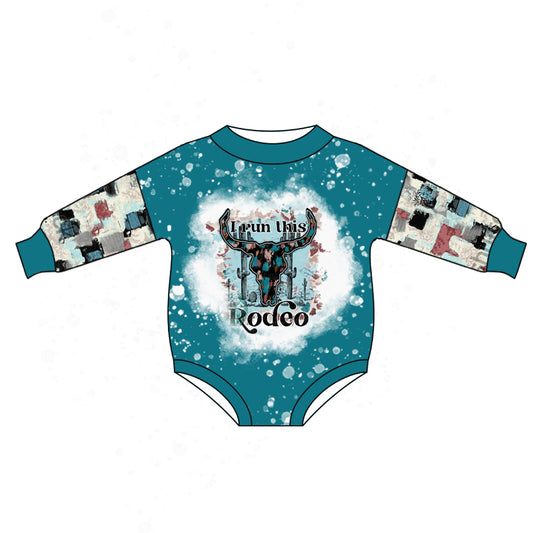 preorder LR0869 Western Cow I Run This Rodeo Blue Long Sleeve Kids Romper