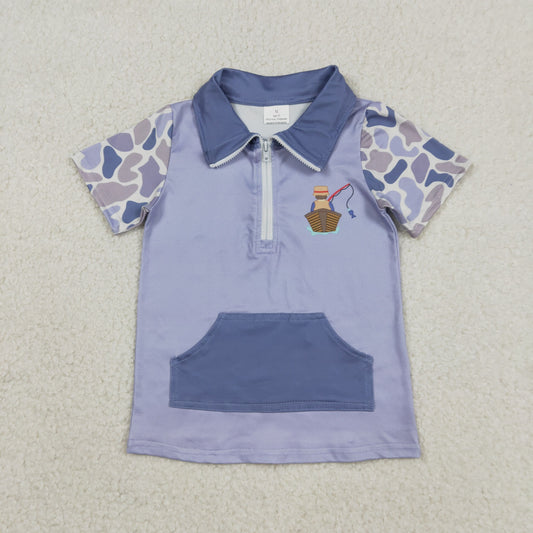 BT1533 Hunting Fishing Blue Camo Pocket Zipper Short Sleeve Boys Top