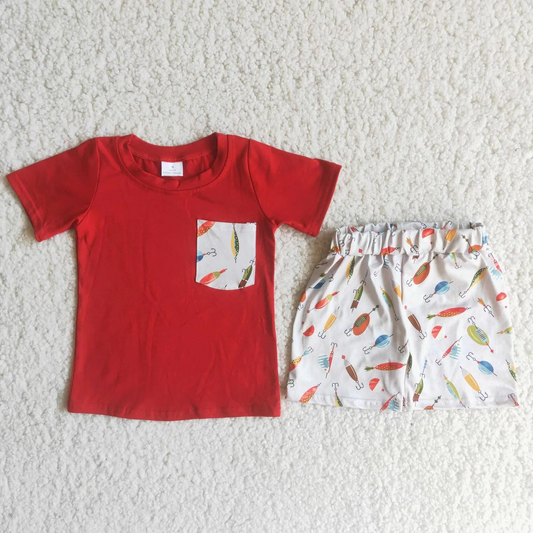 A13-12 Red Pocket Short Sleeves Fishing Shorts Boys Summer Set