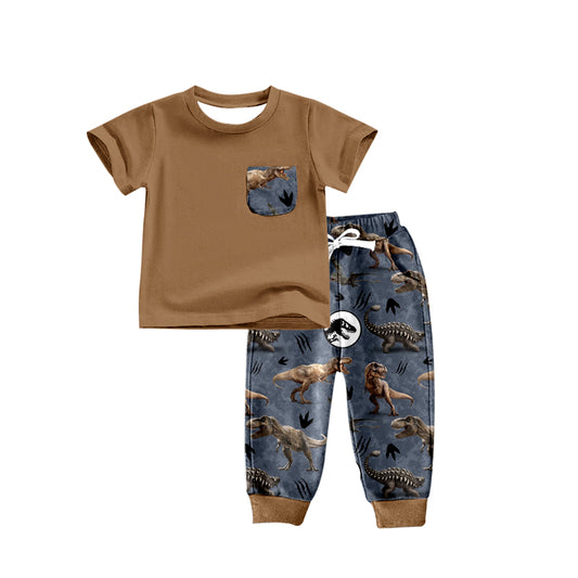 preorder BSPO0182 Dinosaur brown pocket short sleeve pants boys set