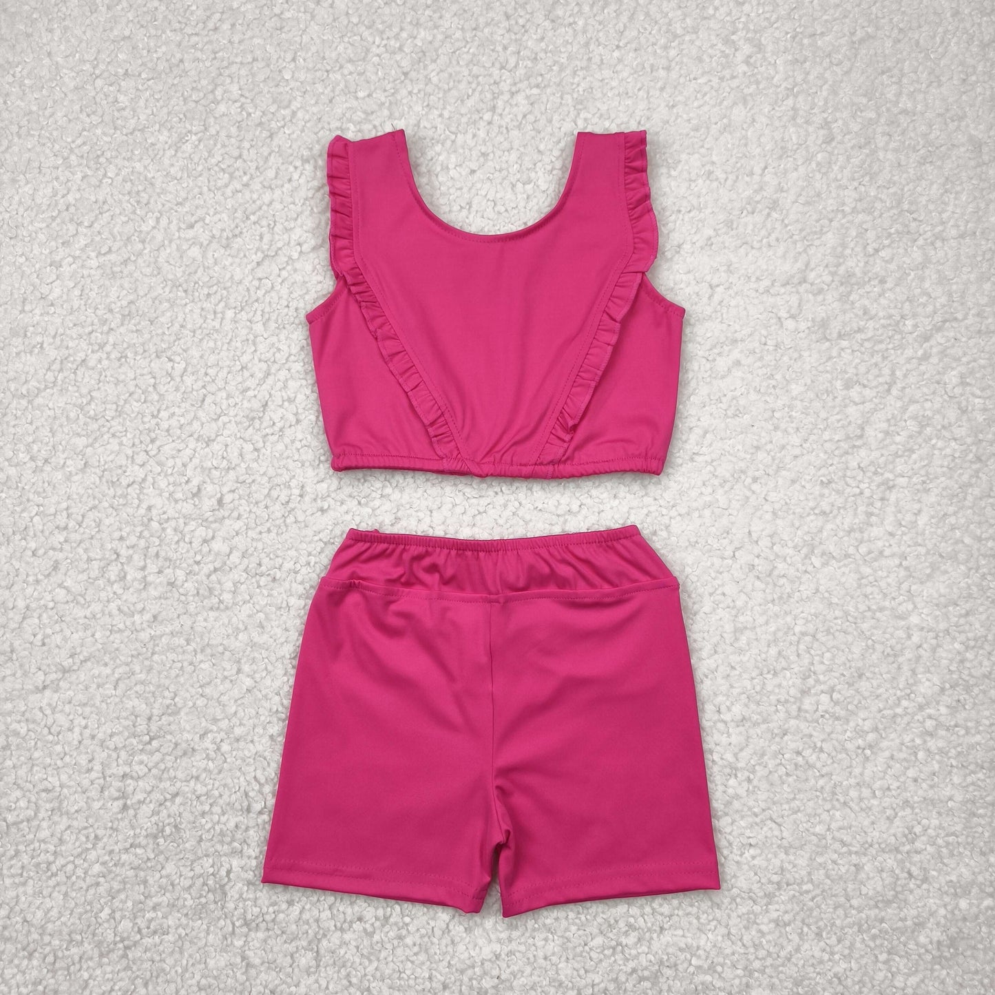 GSSO2284 yoga hot pink ruffles sleeveelss shorts girls set