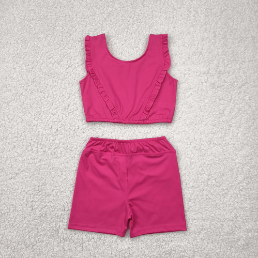 GSSO2284 yoga hot pink ruffles sleeveelss shorts girls set