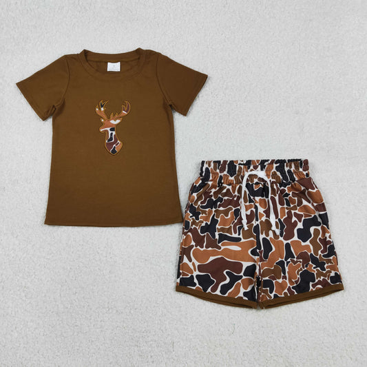 Embroidery BSSO1575 hunting deer brown short sleeve camo shorts boys set