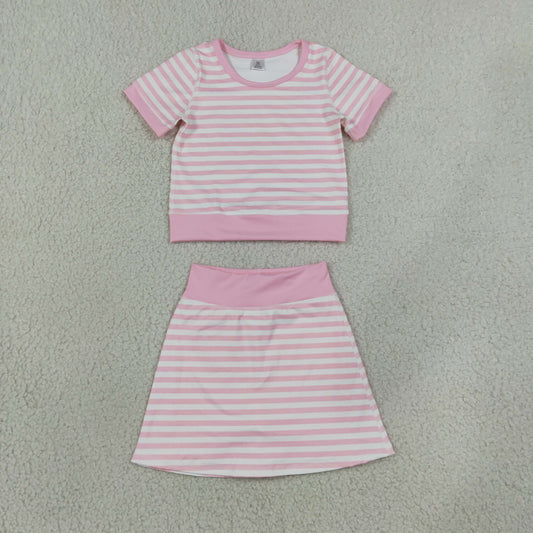 GSD4159 Yoga Pink Striped Short Sleeve Skorts Girls Set