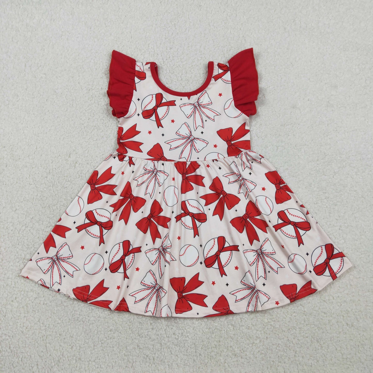 GSD3456 Baseball Bows Red Flutter Sleeve Girls Dress