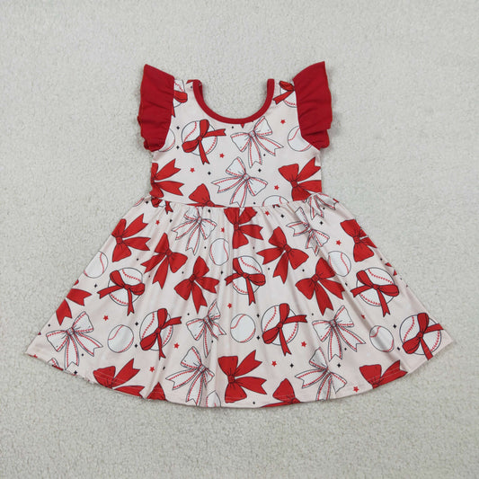 GSD3456 Baseball Bows Red Flutter Sleeve Girls Dress