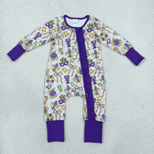 LR3335 Mardi Gras Crayfish Checkered Zipper Long Sleeve Girls Romper