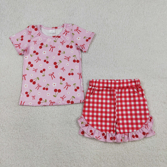 preorder GSSO3470 Cherry Bows Short Sleeve Red Checkered Shorts Girls Set