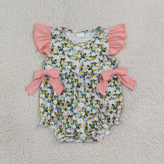SR4125 Flowers Pink Bows Flutter Sleeve Girls Romper