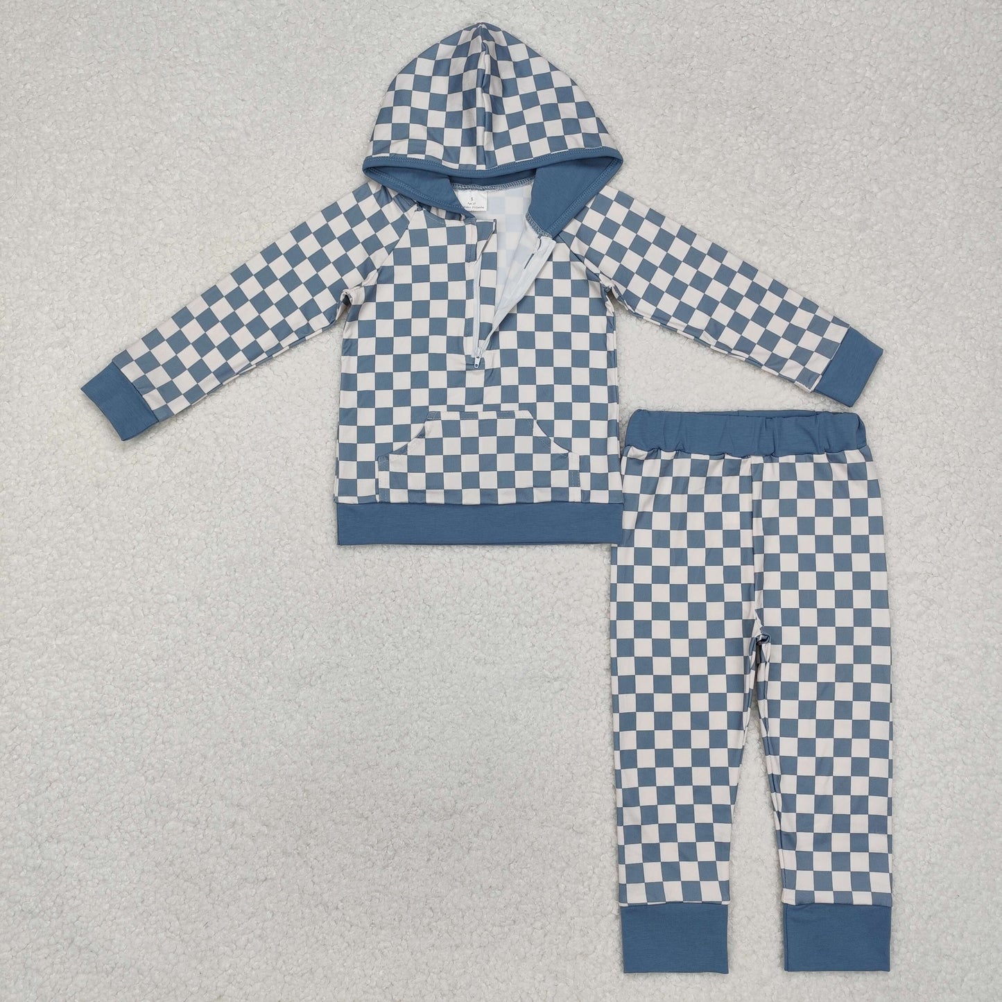 BLP0951 blue checkered hoodie long sleeve pants boys set