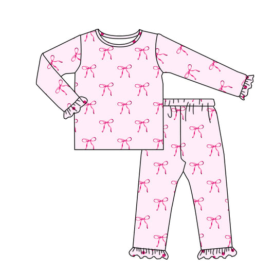 custom style pink bows long sleeve pants girls pajamas