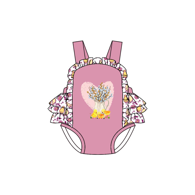 Custom Moq 3 Chick Flowers Hot Pink Ruffles Grils Romper