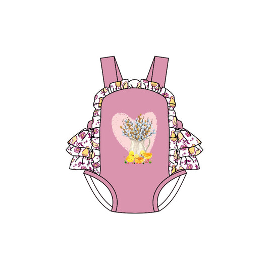 Custom Moq 3 Chick Flowers Hot Pink Ruffles Grils Romper