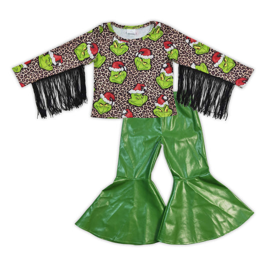 GLP0599 Christmas Green Face Leopard Tassels Top Green Leather Pants Girls Set