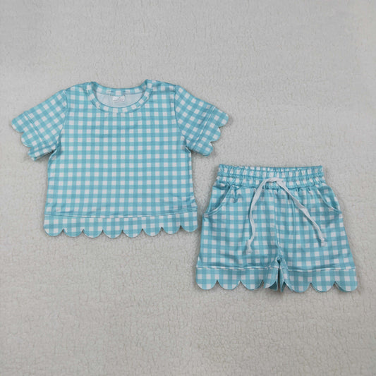 GSSO3190 Scallop Blue Checkered Short Sleeve Shorts Girls Set