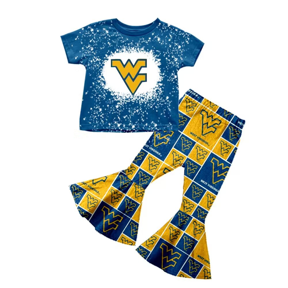 custom S football WV blue short sleeve yellow checkered pants girls set