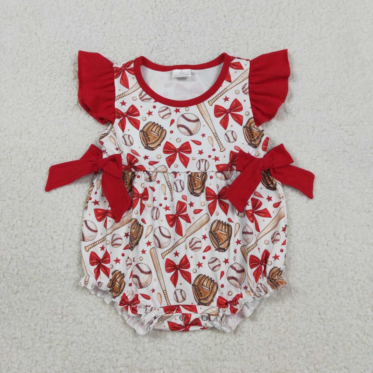 SR3834 Baseball Bows Red Flutter Sleeve Girls Romper