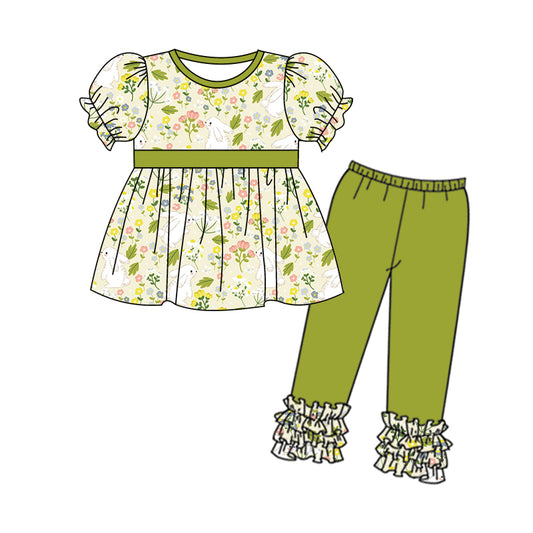 preorder GSPO1028 Rabbit flowers short sleeve green ruffles pants girls set