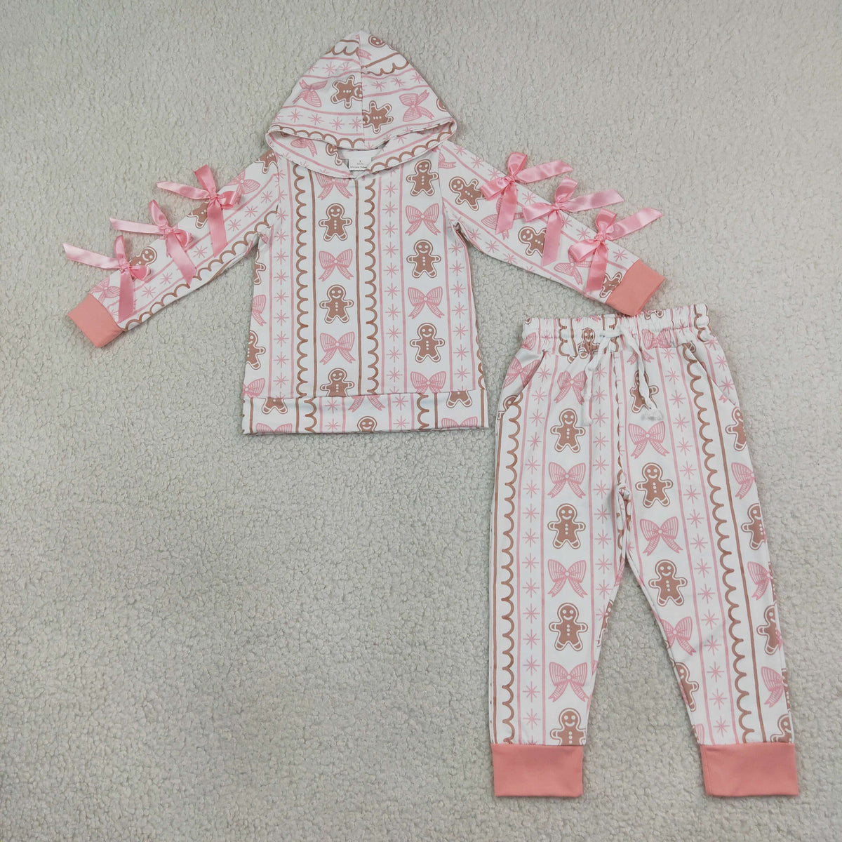 GLP3614 Christmas Bows Gingerbread Man Hoodie Long Sleeve Pants Girls Set
