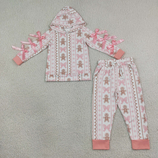 GLP3614 Christmas Bows Gingerbread Man Hoodie Long Sleeve Pants Girls Set