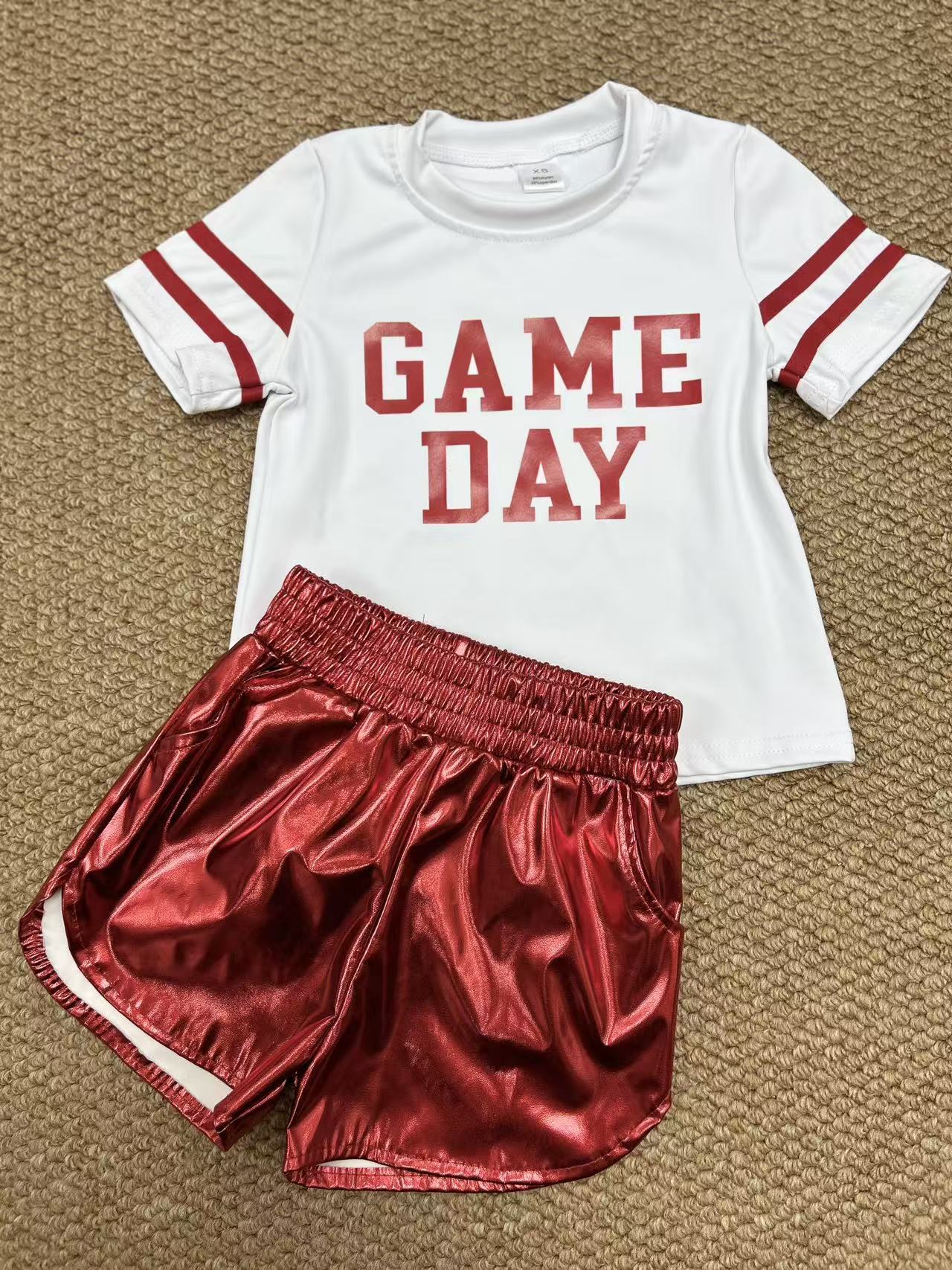 yoga screen print game day red short sleeve red leather shorts girls set