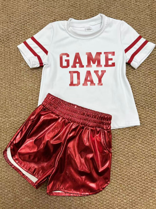 yoga screen print game day red short sleeve red leather shorts girls set