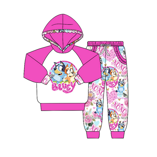 custom S 10.10 Cartoon dog hot pink hoodie long sleeve pocket pants girls set