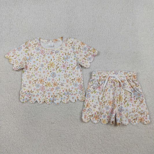 GSSO3268 Scallop Flowers Short Sleeve Shorts Girls Set