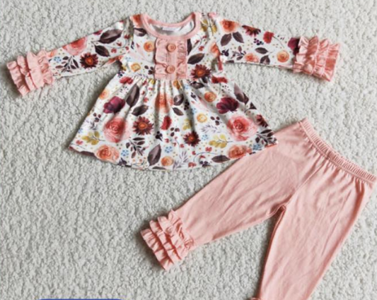 2 pcs  Pink flowers long sleeve pants girls set