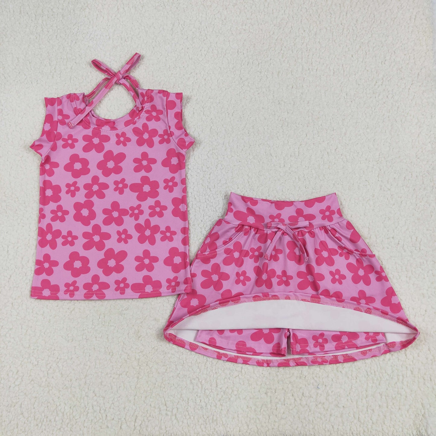 GSD2583 hot pink flowers sleeveless skirt with shorts girls set