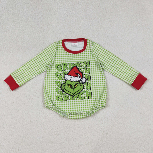 LR2555 Christmas green face green checkered long sleeve boys romper