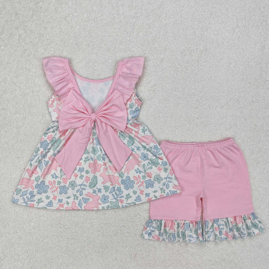 GSSO1881 Easter bunny rabbit pink flowers ruffles pink shorts girls set