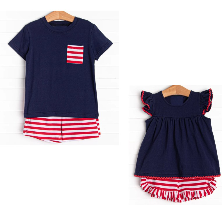 preorder BSSO0730 July 4th navy blue pocket short sleeve red striped shorts boys set