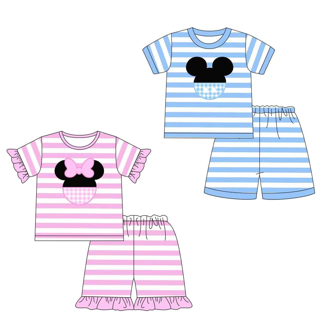 preorder GSSO1307 cartoon M mouse hot pink striped shorts girls set