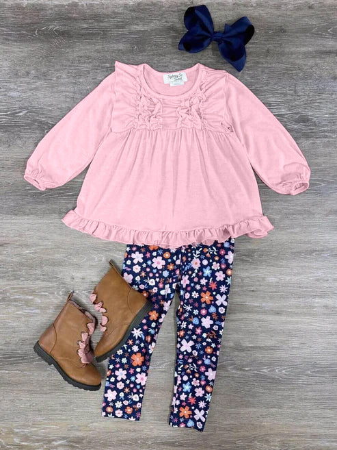 Custom Baby Girl Pink Long Sleeve Flowers Pants Girls Set Kids Cute Clothes