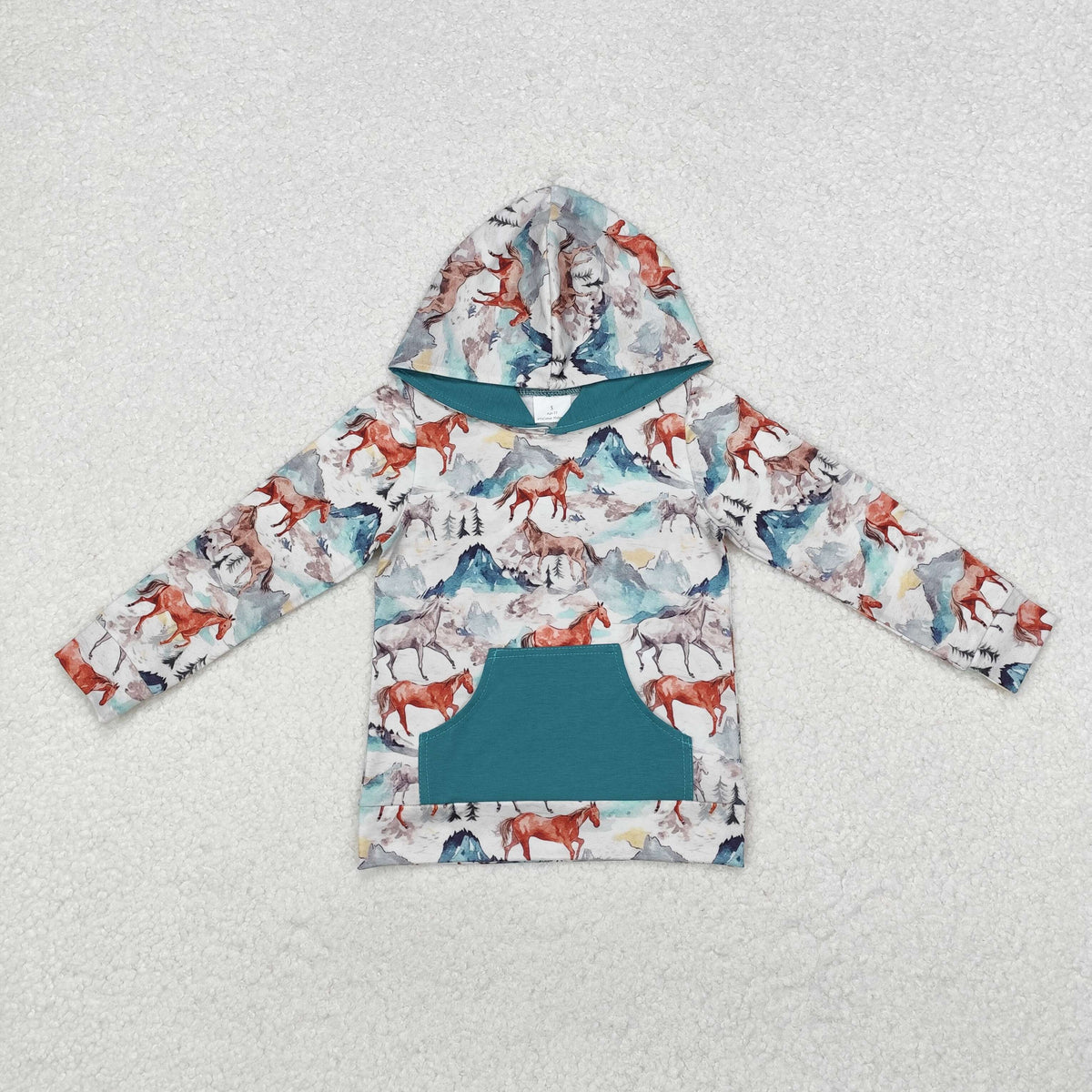 BT0868 horse green pocket long sleeve boys hoodie pullover