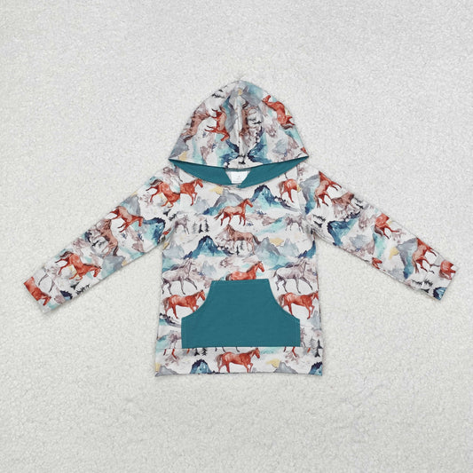 BT0868 horse green pocket long sleeve boys hoodie pullover