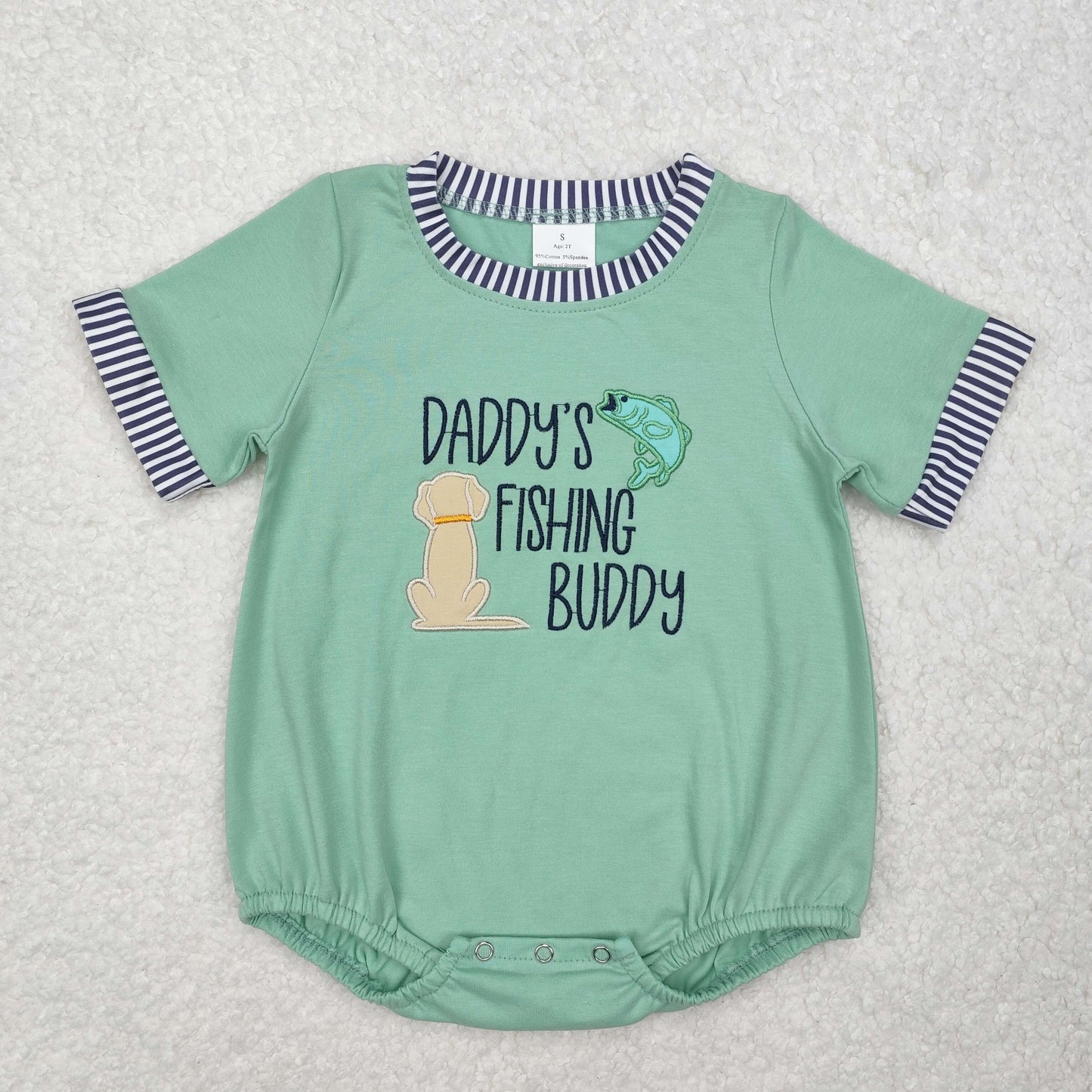 embroidery SR2336 daddy's fishing buddy dog green short sleeve boys romper