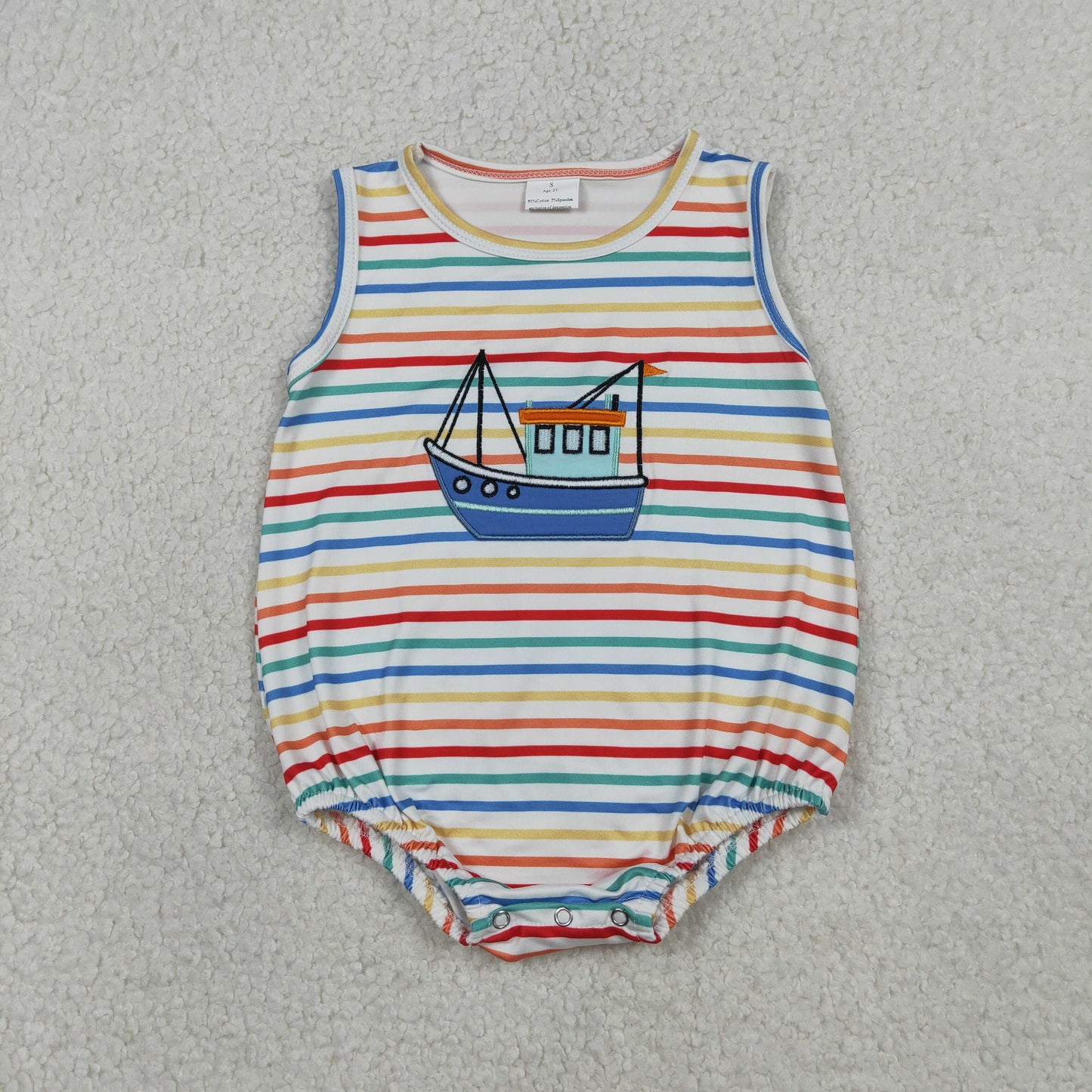 Embroidery SR3733 Boat Colorful Striped Sleeveless Boys Romper