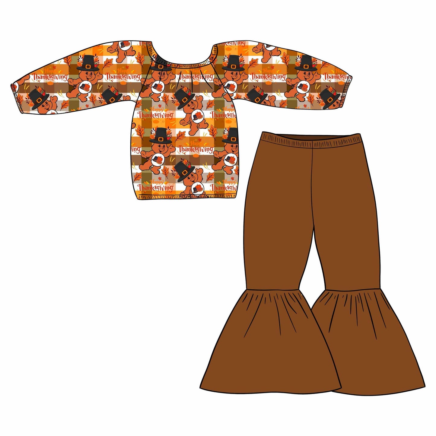 custom Thanksgiving pumpkin bear long sleeve brown pants girls set