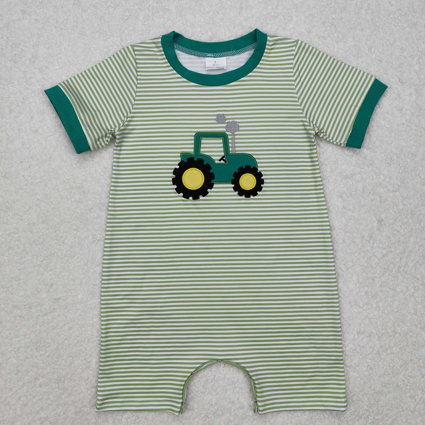 USA SHOP embroidery SR2431 Farm Tractor Green Striped Short Sleeve Boys Romper